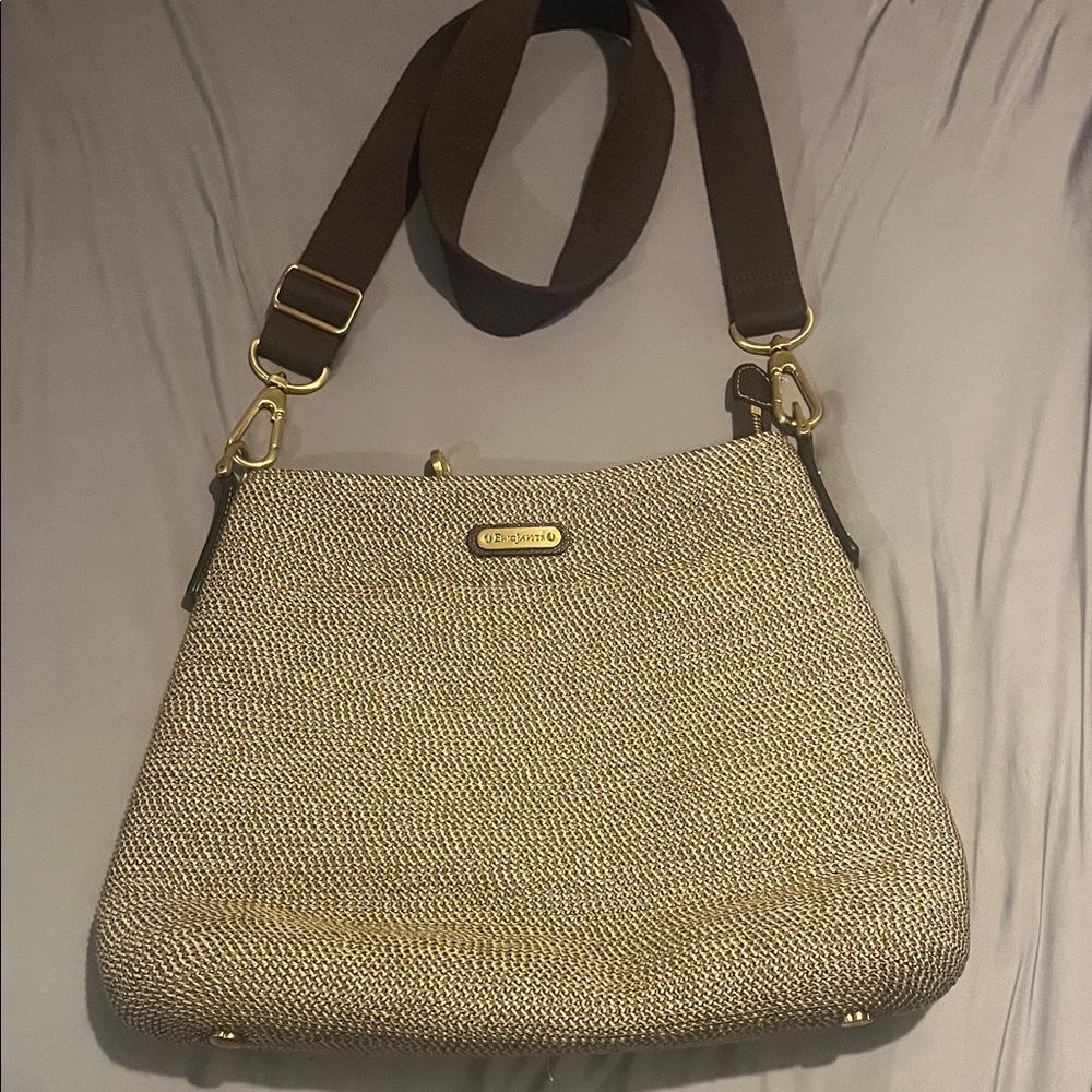 Eric Javits Beige Straw Shoulder Bag with Brown Strap
